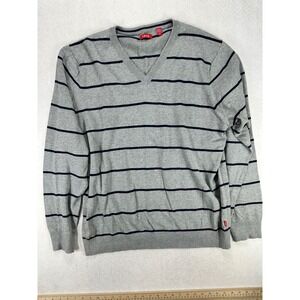 IZOD Mens XL V-Neck Sweater Grey Navy Blue Striped Long Sleeve Cotton Blend